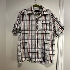 VTG 90’s Phat Farm Black and Red Plaid Men's Button Down Logo Streetwear large